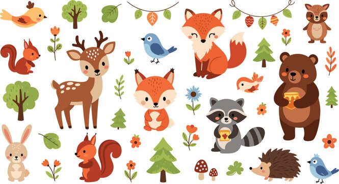 Cute forest animals collection with fox bear deer squirrel and woodland nature elements cartoon vector illustration set