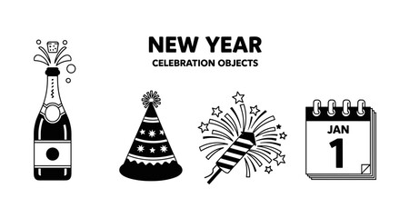 Fototapeta premium New Year Celebration Objects - Champagne, Party Hat, Firework, and Calendar.