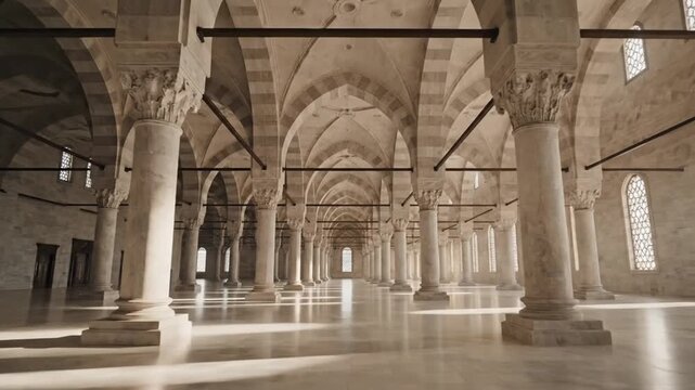Spacious historic cathedral interior featuring grand arches and high vaulted ceilings illuminated by natural light