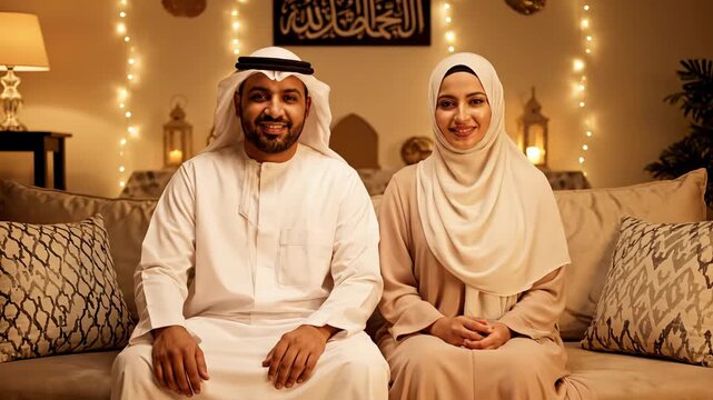 The smiling arab couple sits together in a medium shot, celebrating a festive and warm ramadan or eid evening at home.