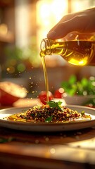 Hand pours golden olive oil onto colorful grain salad with fresh herbs in a rustic kitchen with warm sunlight streaming in creating a soft bokeh background