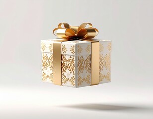 Elegant White Gift Box With Gold Ornate Patterns And A Shiny Gold Bow Floating On A White Background With Soft Shadow