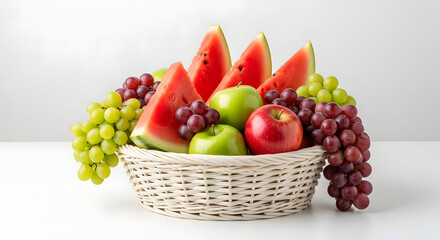 Fresh fruit assortment in a wicker basket on a clean white surface daily healthy snack transparent background
