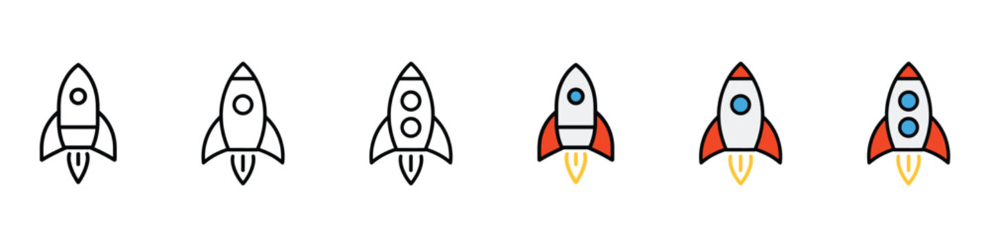 Space rocket launch icon vector. Exploration symbol for startup mission, galaxy travel and aerospace technology set. Vector Illustration.