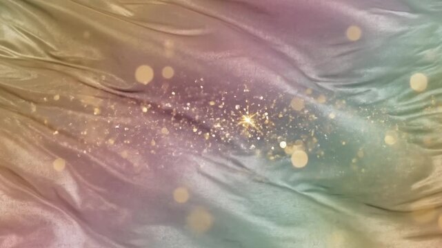 Abstract background with pastel colors and golden sparkles on a wavy fabric texture.