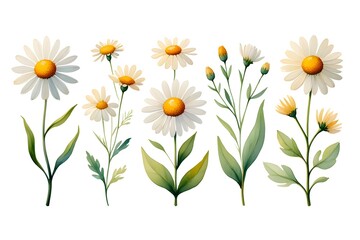 Fototapeta premium A delicate illustration of white daisy flowers with bright yellow centers and green leaves