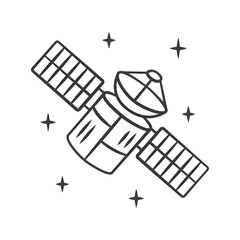 Fototapeta premium Satellite linear icon. Sputnik. Artificial object in orbit. Space probe. Space telescope. GPS navigation. Thin line illustration. Contour symbol. Vector isolated outline drawing. Editable stroke