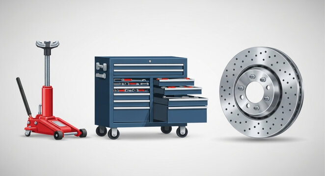 Automotive repair tools including a floor jack toolbox and brake rotor.