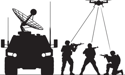 military team operating drone with communication vehicle silhouette vector engraving © MstHazara