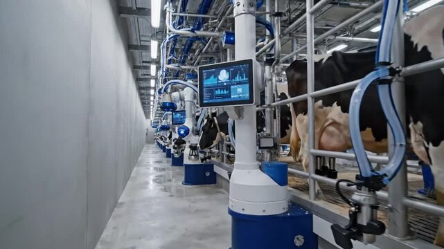 Industrial dairy farm with automated milking machines and cattle in modern stable environment heightening livestock production efficiency