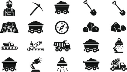 Mining Industry Silhouette Icon Set with Miner, Pickaxe, Coal Cart, Excavator, Dump Truck, Conveyor Belt and Underground Equipment Symbols © Sanjida