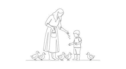 Woman and child feeding chickens together.
