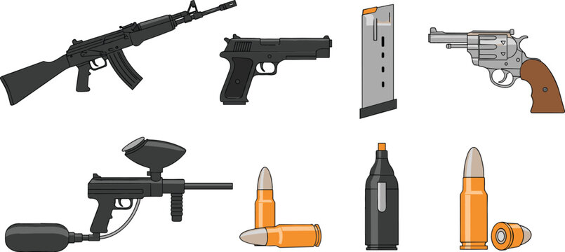Firearms and Ammunition Vector Set with Rifle, Pistol, Revolver, Magazine, Paintball Gun and Bullets in Flat Isolated Illustration Style