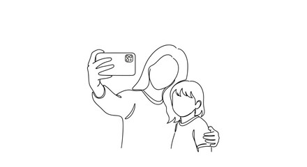 A simple line drawing of a man and a boy taking a selfie together.