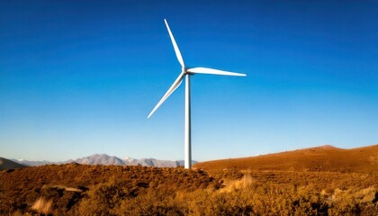 Wind turbine against a clear blue sky in a rural landscape.