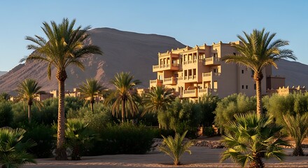 Fototapeta premium A luxury sand-colored desert resort nestled within a lush palm oasis against a backdrop of rugged, sunlit mountains