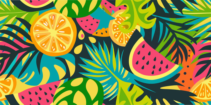 A vibrant colorful pattern featuring tropical fruits and lush foliage