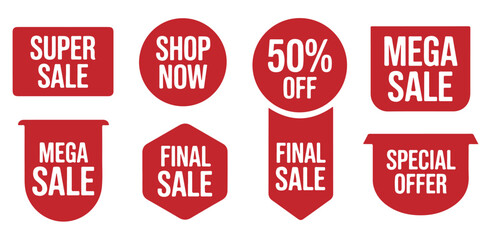 Promotional red sale tags and shopping discount labels for retail advertising campaign collection