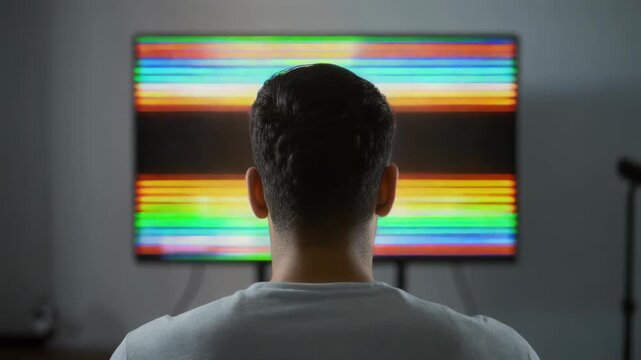 Rear view of man watching television screen with digital glitch static and signal failure