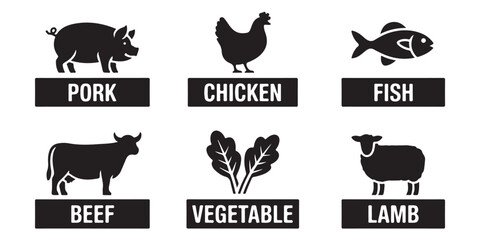 Set of meat and vegetable food icons with labels, vector illustration isolated on white © Creative_Aminur