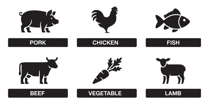 Set of meat and vegetable food icons with labels, vector illustration isolated on white