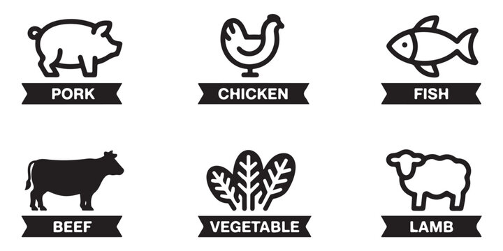 Food icons representing different types of meat and vegetables on white background