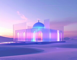 Futuristic Mosque Architecture Illuminated by Pastel Sunset Sky in a Digital Desert Landscape