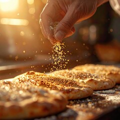 Warm Sunlight Illuminates A Hand Sprinkling Sesame Seeds On Freshly Baked Bread In A Rustic Kitchen Setting Creating A Cozy Atmosphere