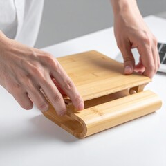 Hands Adjusting a Natural Bamboo Laptop Stand on a White Desk with a Blurred Laptop in the Background a Modern Workspace Setup