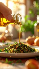 Golden Olive Oil Pouring Onto Freshly Chopped Herbs and Spices with a Sunlit Background