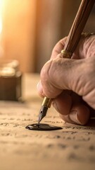 Close Up Of A Hand Writing With A Quill Pen On Old Paper With Inkwell And Warm Sunlight