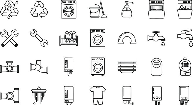Plumbing and Household Appliances Line Icon Set with Water Heater, Washing Machine, Pipes, Faucet, Recycling, and Maintenance Tools for Home Services Design