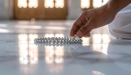 Close up of a person's hand holding prayer beads on a clean reflective floor with soft sunlight filtering through arched windows creating a peaceful atmosphere