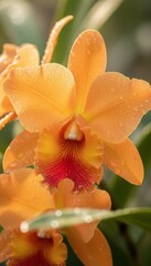 Close up of a vibrant orange Cattleya orchid with red and yellow accents covered in water droplets illuminated by soft natural light
