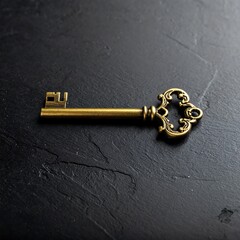 Ornate, antique, metal key laying horizontally on a textured, dark gray, slate-like surface, casting subtle shadows