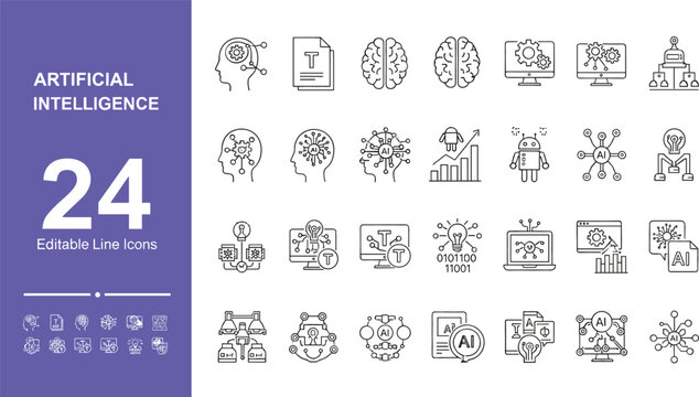 Artificial intelligence and machine learning line icon set with 24 editable neural network, robot, and deep learning symbols.