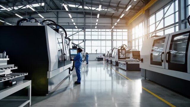 Female Industrial Engineer Operating a CNC Machine and Monitoring the Production Process in a Modern, Bright Factory Workshop Environment