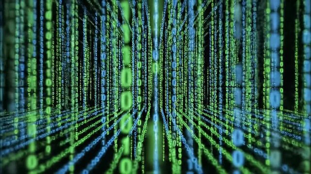 A video showcasing a futuristic digital tunnel with green and blue code streaming through it