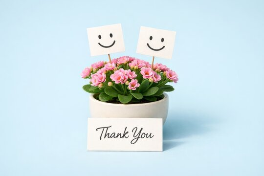 Small potted pink flowers with two smiling note cards and a handwritten thank you message on light blue background create a cheerful, thoughtful appreciation greeting scene.