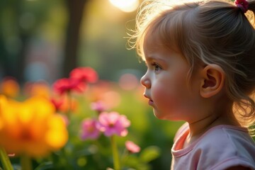Naklejka premium Child's nose near vibrant blooms in urban garden, petal, adorable, childhood