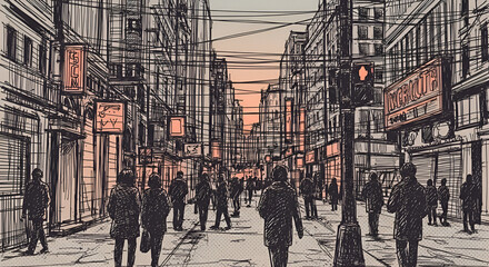 Fototapeta premium City street scene with people walking.