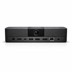 Obraz premium Sleek all-in-one conference camera bar featuring a central wide-angle lens and multiple connection ports, ideal for modern video meetings, hybrid offices, and tech marketing.