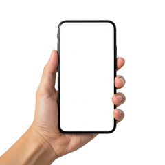 Hand holding a smartphone with a blank screen, ready for use. isolated on transparent background