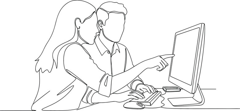 Continuous line drawing of a man and woman working together at a computer representing software training digital collaboration and technical support.