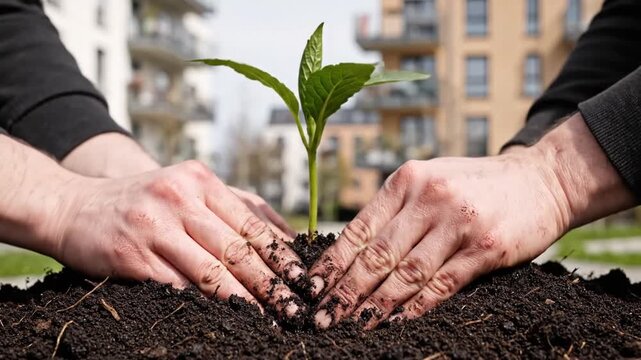 Two individuals planting a young sapling together in urban environment during daytime for environmental conservation initiative