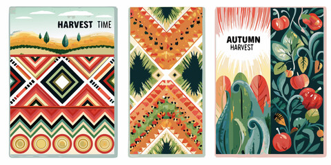 Three vibrant autumn harvest themed banners with geometric and floral designs © Prince