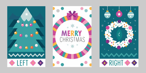 Three festive christmas cards with geometric shapes and holiday decorations © Prince