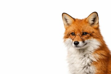Obraz premium Sweet red fox wearing round spectacles gazes forward against a stark white background, blending cuteness with intelligence for educational, branding, or social media designs.