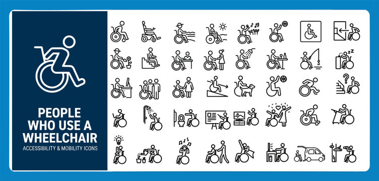 Wheelchair Accessibility Mobility Line Icons Vector Set &ndash; Disabled Ramp Elevator Parking Aid Support Handicap Transport Assistive Care Outline Icon Pack UI Web App