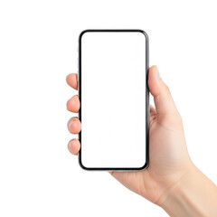 Hand holding a smartphone with a blank screen against a white background isolated on transparent background